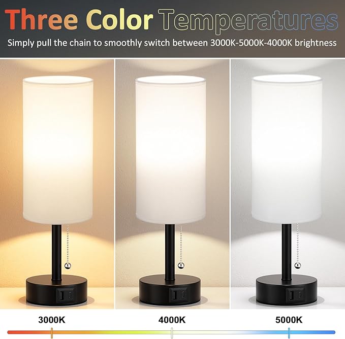 Fenmzee USB Bedside Table Lamps Set of 2-3 Color Temperatures Pull Chain Lamp with USB C and A Charging Ports, Round Night Stand Lamps for Bedroom