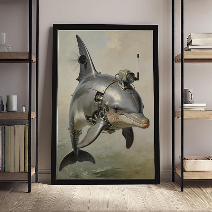 Framed Steampunk Mechanical Dolphin Wall Art - Marine Retro-Futuristic Poster for Beach House Living Room Decor 24x36in