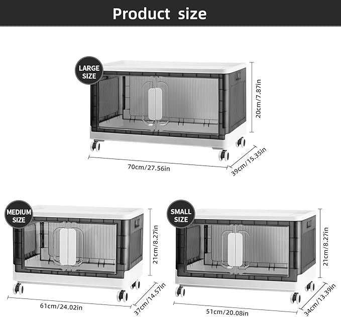 Folding Storage Organizer with Silent casters | Stackable Design for Home & Office, Heavy-Duty Plastic Storage Bin with Clear Door, 3 Sizes (19.5/23.5/27.5in),Black/White (27.6" 1 layer, White)