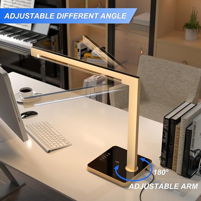 Aluminum LED Desk Lamp with Charging Station, Large 15W Table Lamp with Type-C Ports & 4 Color Temperature Modes(3000K-6000K), Dimmable Desk Light for Home Office,Bedroom (Includes Adapter)