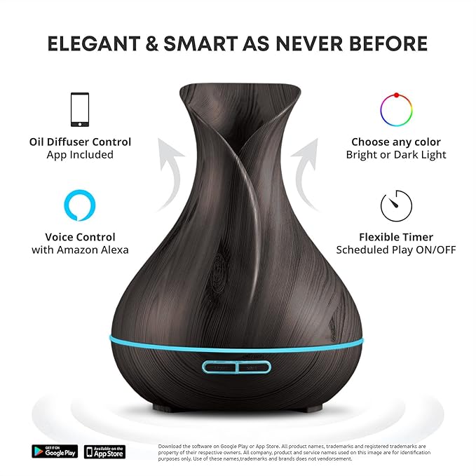 Sierra Modern Home Smart WiFi Wireless Essential Oil Aromatherapy 400ml Ultrasonic Diffuser & Humidifier with Alexa & Google Home Phone App & Voice Control - LED & Timer Settings Dark Brown