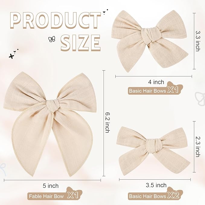 DEEKA 4 PCS Beige Cotton Linen Hair Bows 3 Styles 5" & 4" Handmade Hair Bow set for Toddler Girls Alligator Hair Clips Knot Bows Hair Accessories for Little School Girls (Beige)