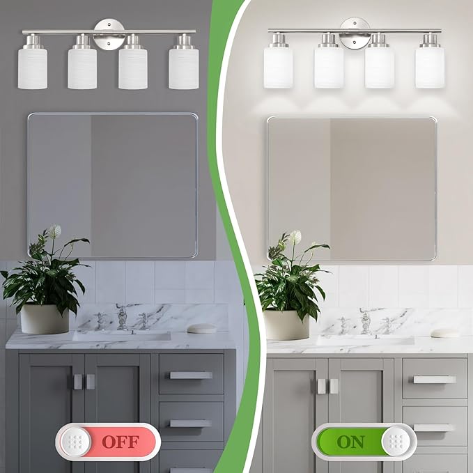 4-Light Brushed Nickel Vanity Lights for Mirror, Bathroom Light Fixtures with Textured Milky White Glass Shade, Modern Kitchen Light Fixtures Wall Sconce Light - E26 Base