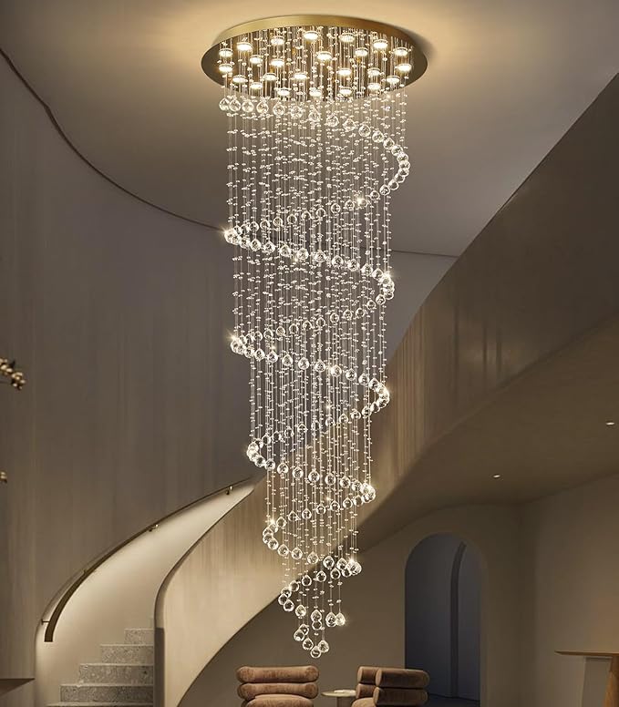 W47 x H118 High Ceiling Chandelier with LED Bulbs Dimmable Long Light Glam Chandeliers Crystal Pendants Light Fixtures for Foyer Entryway Living Room Stair Gold