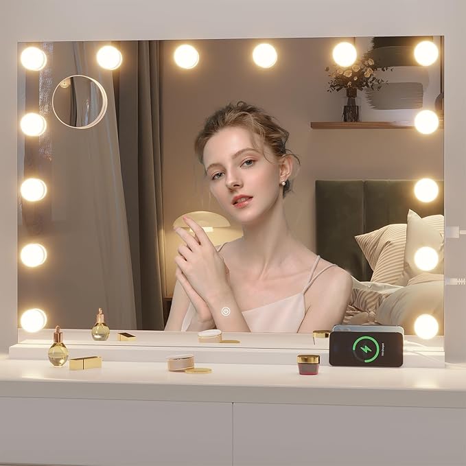 Hasipu Hollywood Vanity Mirror with Lights and Bluetooth Speaker, 29" x 20" Makeup Mirror with 14 Dimmable LED Bulbs 3 Color Modes, 5X Magnifying Glass, Touch Control, USB and Type-C, Tempered Glass