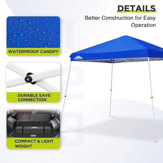 EAGLE PEAK 11x11 Slant Leg Pop-up Canopy Tent Easy One Person Setup Instant Outdoor Beach Canopy Folding Portable Sports Shelter 11' x 11' Base 9' x 9' Top (Blue)