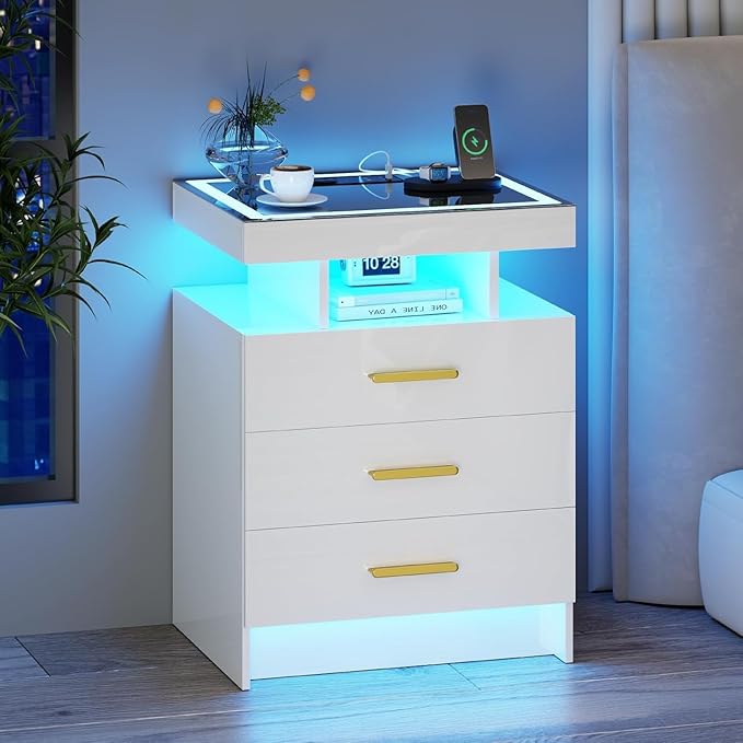 White Night Stand with Wireless Charging Station,Smart Bedside Table with 3 Drawers,Modern Glass Top End Table with 3 Color Dimmable,LED Nightstand for Bedroom