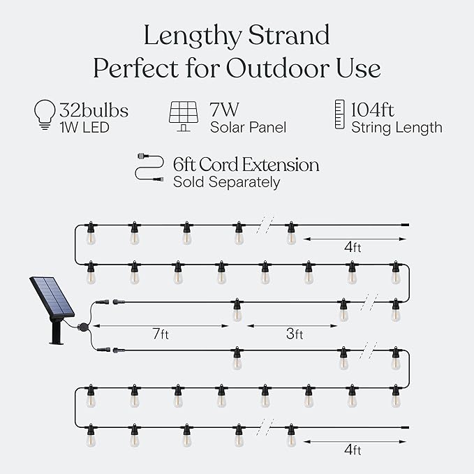 Brightech 104 (52x2) FT Ambience Pro Solar Powered Outdoor LED String Lights - Waterproof Remote Control Lights - 32 Bulbs, 7W Solar Powered Soft White Light for Camping, Patio, Garden