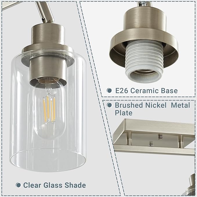 LOUSACE 2 Light Brushed Nickel Bathroom Vanity Track Light Fixtures Ceiling Mount Kitchen Track Lighting Kit with Clear Glass Shade, Modern Wall Ceiling Rotatable Tracking Light Heads for Accent Shop