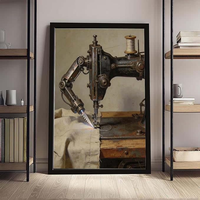 Framed Steampunk Mechanical Sewing Machine Wall Art - Retro Industrial Workshop Poster for Home Office Studio Decor 20x30in
