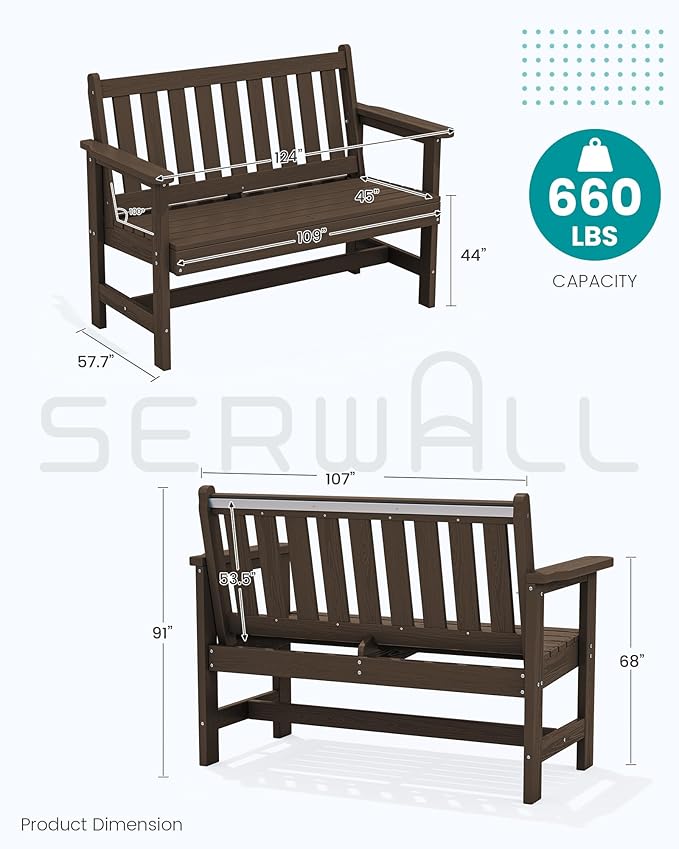 SERWALL Outdoor Bench, HDPE Outdoor Benches Weatherproof, 2-Person Garden Bench with 660 lbs Weight Capacity, Patio Benches for Outdoors, Garden, Porch, Backyard and Park, Coffee