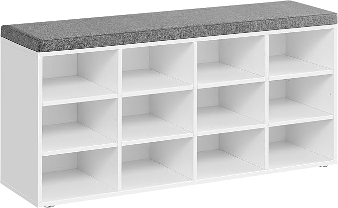 VASAGLE CUSTOS Collection - Shoe Bench, Storage Bench with Padded Seat, Entryway Bench with 12 Compartments, for Bedroom, 11.9 x 40.9 x 18.9 Inches, Cloud White and Slate Gray ULHS012W14