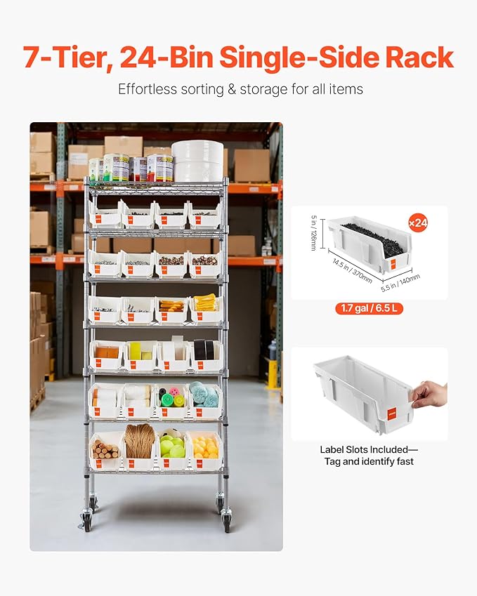 VEVOR 7-Tier Rolling Bin Storage Rack, 24 Small Bins, Bin Rack Storage Steel Wire Shelving System with Wheels, Mobile Tool Organizer for Garage, Warehouse, Office, Restaurant, Classroom, Kitchen