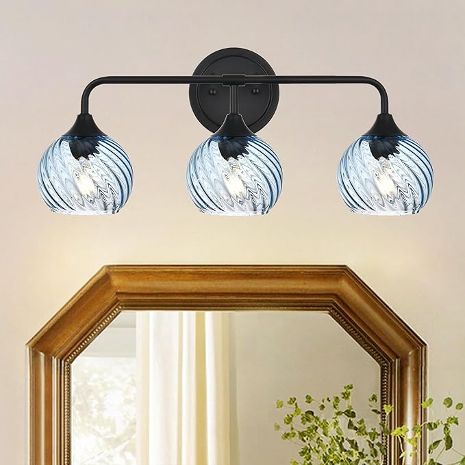 MELUCEE 25 Inch Bathroom Light Fixtures Black, 3-Light Vanity Lights with Blue Striped Swirl Glass Shade, Mid-Century Modern Bathroom Vanity Light Over Mirror