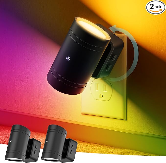 Briignite Night Lights Plug into Wall, 10-Color Changing RGB Night Light for Kids,180° Rotatable Plug in Nightlight with Dusk to Dawn Sensor for Bathroom Decor, Children Room, Gift-2 Pack