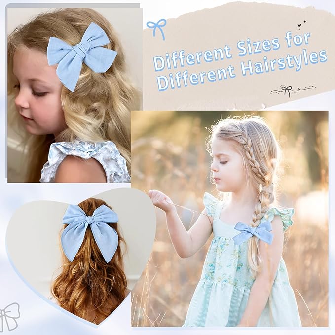 DEEKA 4 PCS Blue Cotton Linen Hair Bows 3 Styles 5" & 4" Handmade Hair Bow set for Toddler Girls Alligator Hair Clips Knot Bows Hair Accessories for Little School Girls (Blue)