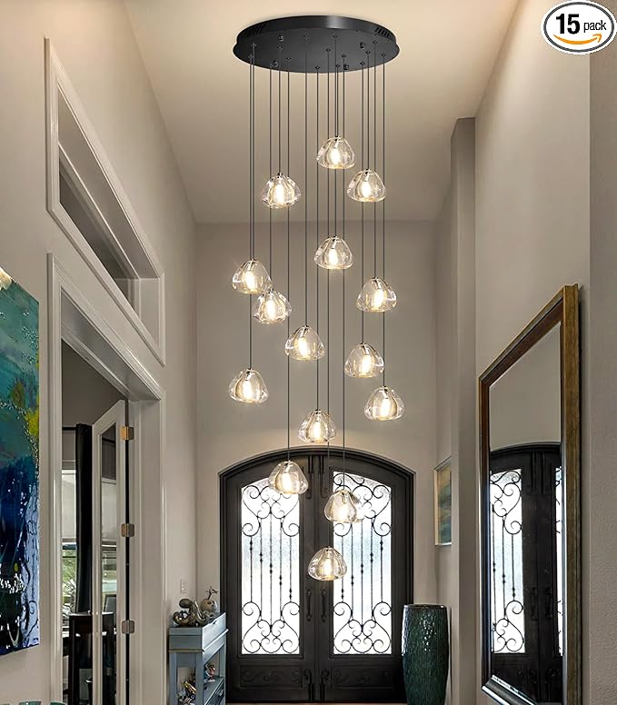 LED Glam Chandelier 118 inches Long Light Luxury Crystal Ceiling Chandeliers Remote Dimmable High Ceiling Pendants Lighting Fixtures Black 15 Lights