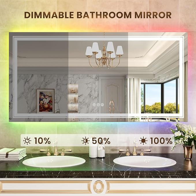 WTTY LED Bathroom Mirror 60"x28" with RGB Backlit and Front Light,Stepless Dimmable LED Mirror for Bathroom,Lighted Bathroom Vanity Mirror,Anti-Fog,Memory Function,Shatter-Proof,Wall Mounted
