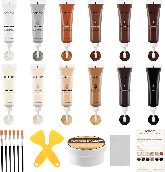 SEISSO Wood Furniture Repair Kit, Wood Putty Repair Fillers, Hardwood Laminate Floor Repair Kit, Restore Any Holes, Scratches, Cracks, Gouges for Wooden Floors, Cabinet, Cherry, Walnut