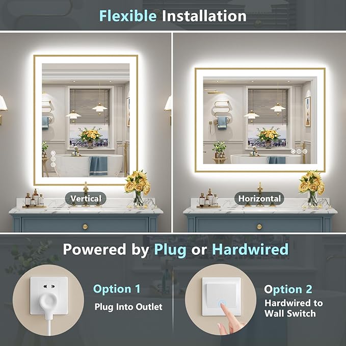 40x36 Gold LED Bathroom Mirror with Lights, Brushed Gold Framed Backlit and Front Lit Anti-Fog Lighted Vanity Mirrors for Bathroom Wall, Dimmable, 3 Colors, Memory, HD Tempered Glass, CRI＞90
