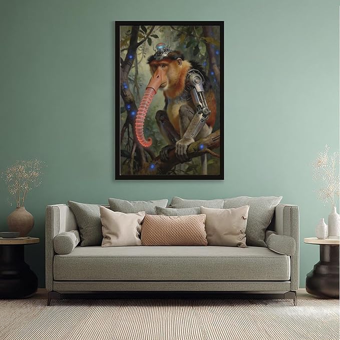 Framed Steampunk Mechanical Proboscis Monkey Wall Art - Jungle Neon Retro Poster for Apartment Leisure Area Decor 20x30in