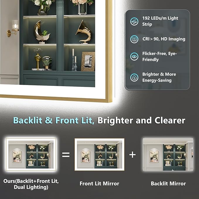 50x30 Gold LED Bathroom Mirror with Lights, Brushed Gold Framed Backlit and Front Lit Anti-Fog Lighted Vanity Mirrors for Bathroom Wall, Dimmable, 3 Colors, Memory, HD Tempered Glass, CRI＞90