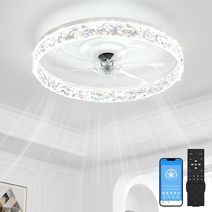 VOLISUN Low Profile Ceiling Fan with Lights and Remote, 20in Modern Ceiling Fans Flush Mount, 3000K-6500K Dimmable Bladeless LED Fan Light, White Fandelier Ceiling Fans with Lights for Bedroom