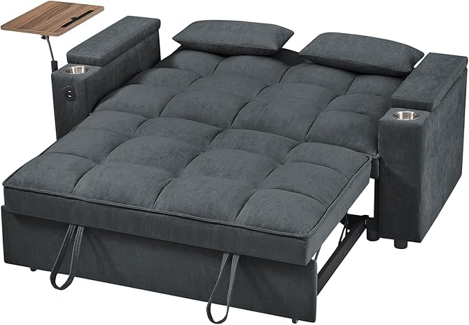65'' Convertible Sleeper Sofa Bed with Adjustable Backrest, Chaise Lounge, Side Table & USB/Type-C Ports – Stylish & Functional Addition to Any Living Room (Drak Grey)