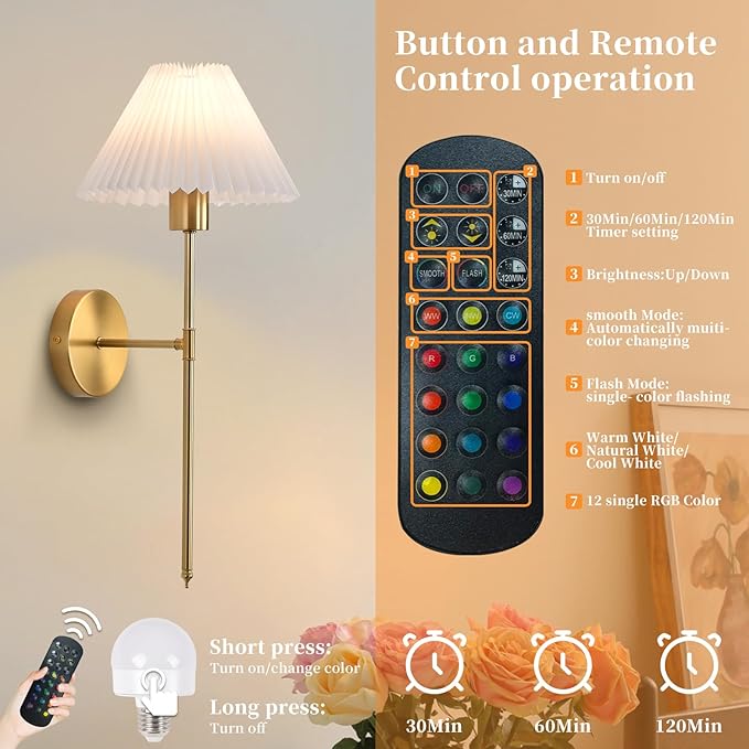 Rechargeable Wall Sconces Set of 2, Gold Battery Operated Wall Lights with Remote, Dimmable Pleated Shades Wall Lamp, 15 Colors Wireless Bathroom Vanity Wall Sconce for Bedroom Living Room Hallway