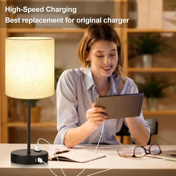 Lynnoland 2 Pack Touch Control Table Lamps with 2 USB & AC Outlet, 3-Way Dimmable Bedside Nightstand Lamps for Bedroom Living Room Nursery, 800 Lumens 3000K Warmlight Bulbs Included