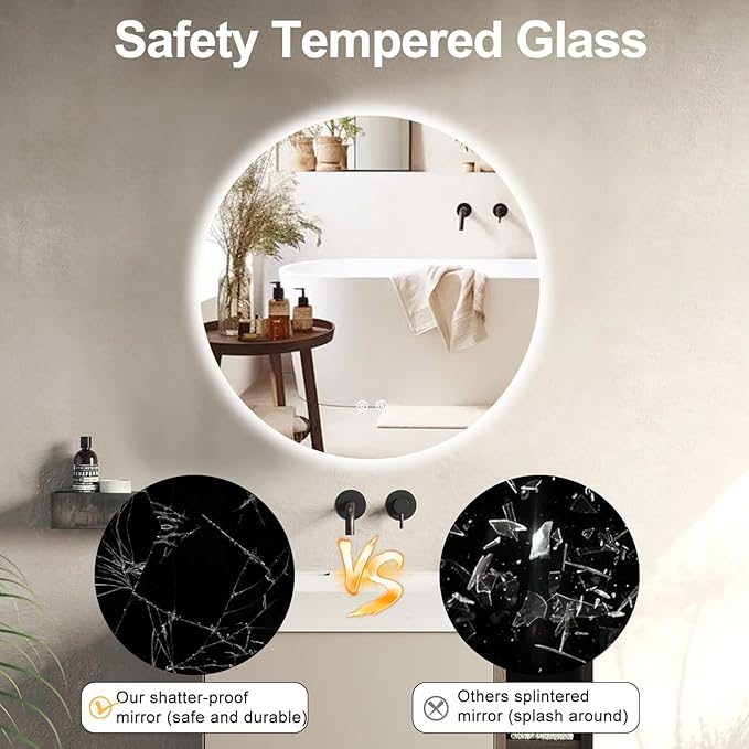 36 Inch Round LED Bathroom Mirror Backlit Anti-Fog Wall Mounted Lighted Bathroom Vanity Mirror 3 Colors Light Dimmable Smart Makeup Mirror with Touch Switch