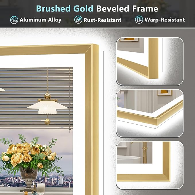 32x36 Gold Beveled LED Bathroom Mirror with Lights, Brushed Gold Framed Backlit and Front Lit Anti-Fog Lighted Vanity Mirrors for Bathroom Wall, Dimmable, 3 Colors, Memory, HD Tempered Glass
