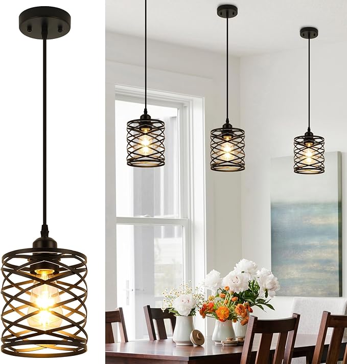WILON Farmhouse Pendant Lights for Kitchen Island,5.9'' Spiral Cage Pendant Lights,Adjustable Black Industrial Pendant Light Fixtures Retro Lighting for Kitchen Island, Living Room, Bedroom (1-Light)