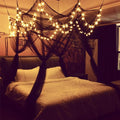 Comtelek 8 Corner Bed Canopy with 100 LED Star String Lights Battery Operated, Black Bed Netting Unique Style 4 Door Square Canopy Bed Curtains Canopy - Suggested for Twin Full Queen King Bed