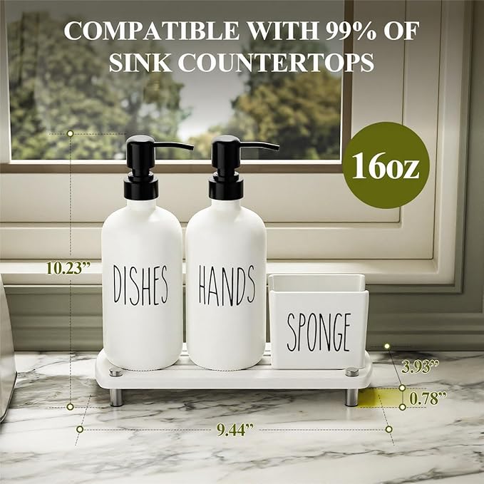Cisily Kitchen Soap Dispenser Set Comes with Ceramics Sponge Holder, Gold Pumps, and Instant Dry Tray (White&Black, 4 Pack)