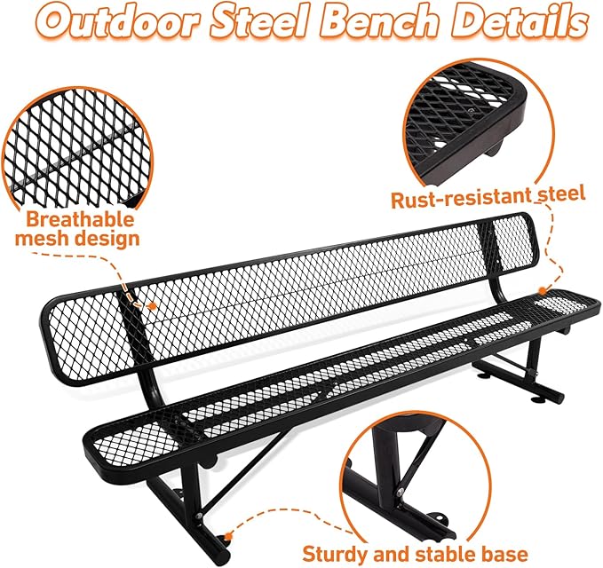 8FT Heavy Duty Park Bench with Back Portable Frame, Outdoor Metal Park Bench with Backrest, Steel Mesh Outdoor Bench for Garden, Lawn, Patio, Porch, Park, Yard (BLACK, 94.1" D x 23.2" W x 32.5" H)