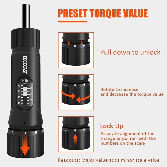 13Pcs Preset Torque Screwdriver with S2 Bits, 1/4” Drive Torque Wrench Screwdriver Set for Maintenance, Tools, Bike Repairing and Mounting, Inch Pound Torque Range 10-70 In-lb