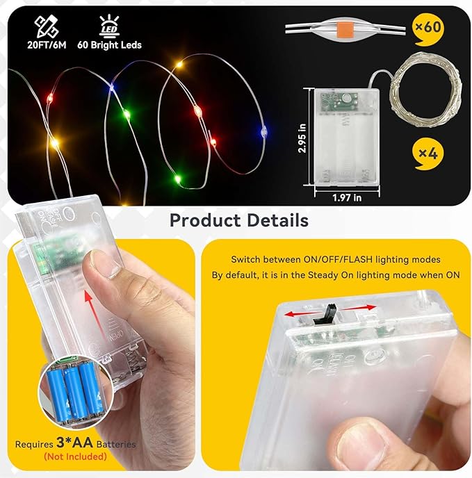 4 Pack 240LED Christmas Multicolor Fairy Lights Battery Operated - 20FT Twinkle Lights with 2 Lighting Modes Indoor Outdoor, Waterproof Led Fairy String Light for Bedroom, Dorm, DIY, Christmas Decor
