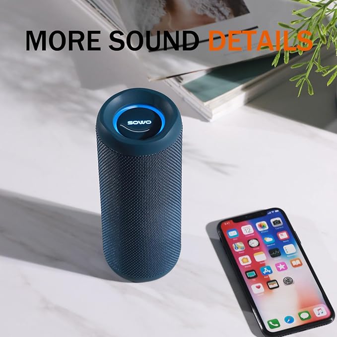 SOWO Portable Bluetooth Speaker, IPX7 Waterproof Wireless Bluetooth Speaker, Bassboom Technology, 25W Loud Stereo Sound, LED Light with TWS Pairing, 16H Playtime for Home and Outdoor -Blue