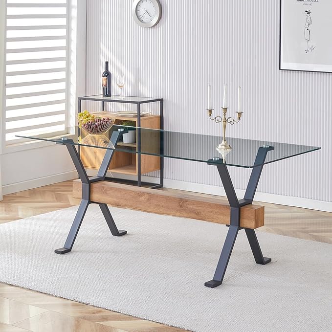 Glass Dining Table 71"｜Modern Dining Table for 6-8｜0.4" Thick Tempered Glass Top｜Matte Black Metal Legs｜Wooden Crossbar｜Easy Assembly｜Perfect for Dining Room or Kitchen