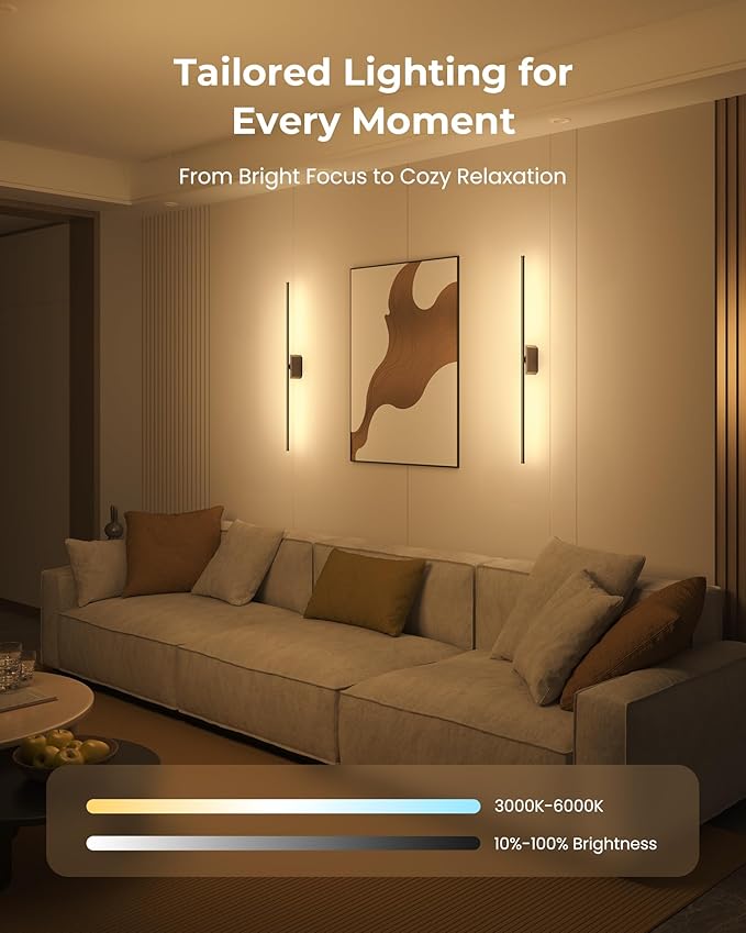 40 Inch Battery Operated Wall Sconces Set of 2, 12000mAh Rechargeable Smart Wall Lights with APP Control & Remote, Color Changing, Music Sync, Scene Modes, Wireless Wall Lamps for Living Room, Bedroom
