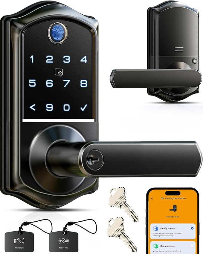 Veise VE019 Fingerprint Smart Lever Lock - APP Control, Keypad Door Lock with Handle, Keyless Entry for Front Door and Bedroom, Electronic Digital Knob, Remote Grant, IP55 Weatherproof, Matte Black