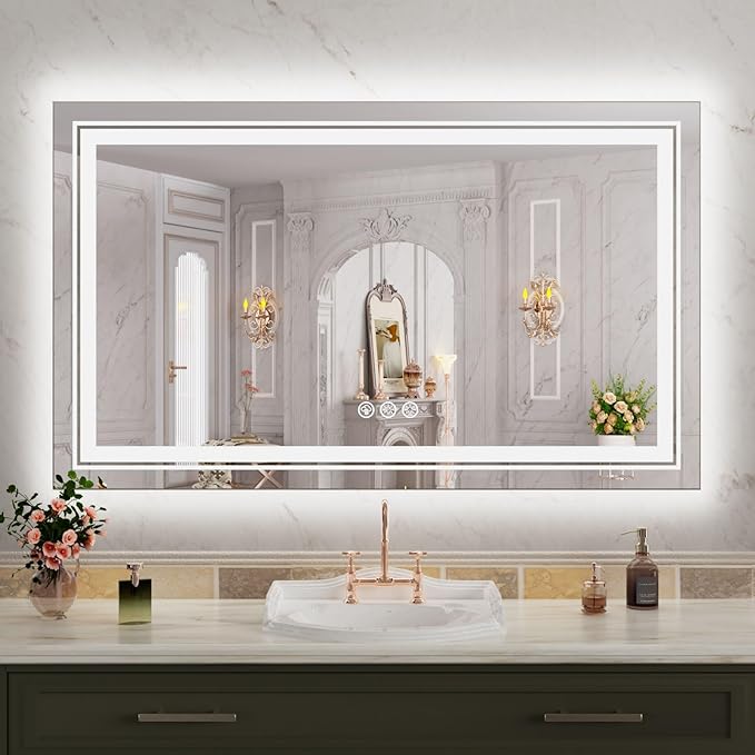 WTTY RGB LED Bathroom Mirror 40"x24" with Backlit and 3 Front Light,Stepless Dimmable LED Mirror for Bathroom,Lighted Bathroom Vanity Mirror for Wall,Anti-Fog,Memory Function,Shatter-Proof