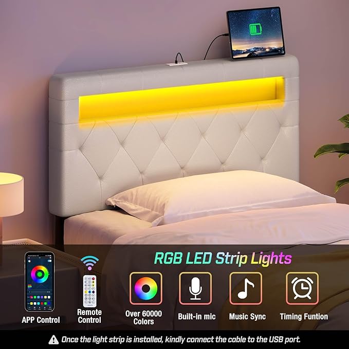 GREENSTELL Headboard for Twin Size Bed with 60,000 DIY Color of LED Light, USB & Type C Post, Attach Frame, Height Adjustable, White Leather Wall Mounted Head Boards Only, Sturdy & Stable, Twin