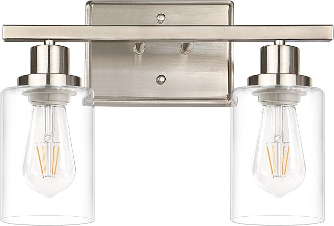 Ascher 2-Light Wall Sconces, Modern Vanity Light Fixture with Clear Glass Shade, Brushed Nickel Wall Light for Mirror Bedroom Hallway, E26 Base (Bulbs Not Included)