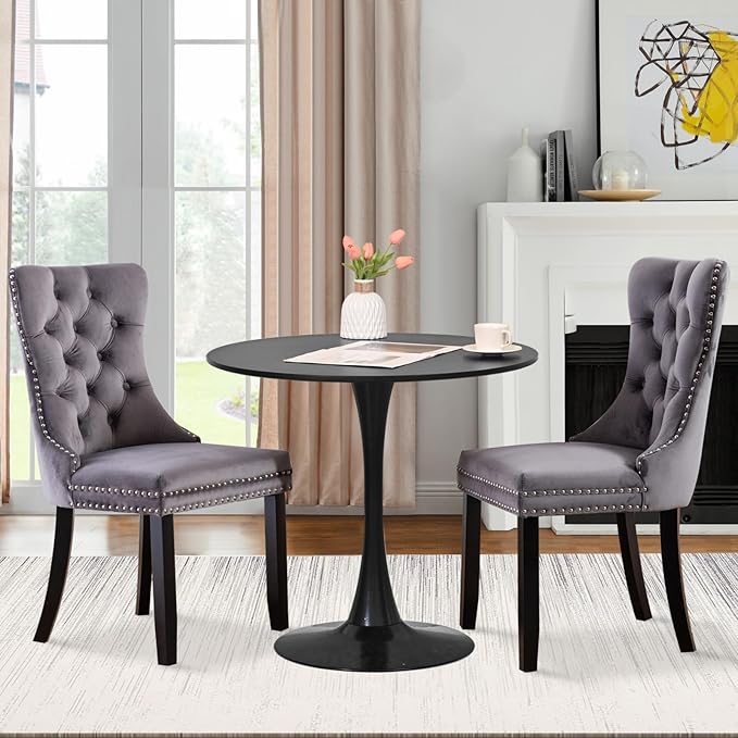 SoarFlash Kitchen Table and Chairs for 2, 31.5" Dining Table Set for 2 with Velvet Upholstered Chairs, 3 Piece Round Kitchen Table Set, Dining Room Table Set for Small Space, Apartment, Grey/Black