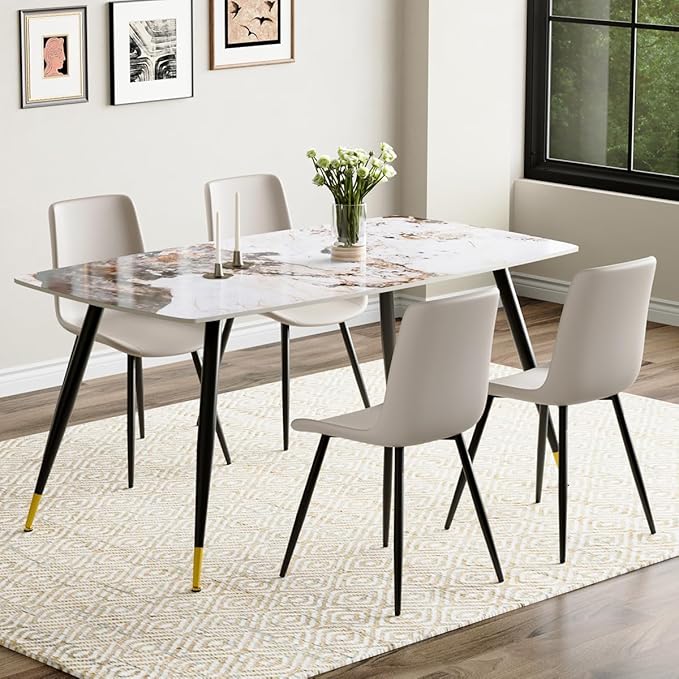 Modern Dining Table Set for 4, 62'' Sintered Stone Dining Table with 4 Chairs, Easy to Assemble