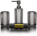 4-Piece Modern Gray Bathroom Accessories Set — Soap Dispenser, Soap Dish, Mouthwash Cup & Toothbrush Holder, Glossy Acrylic with Gray Finish, Vanity Countertop Organizer