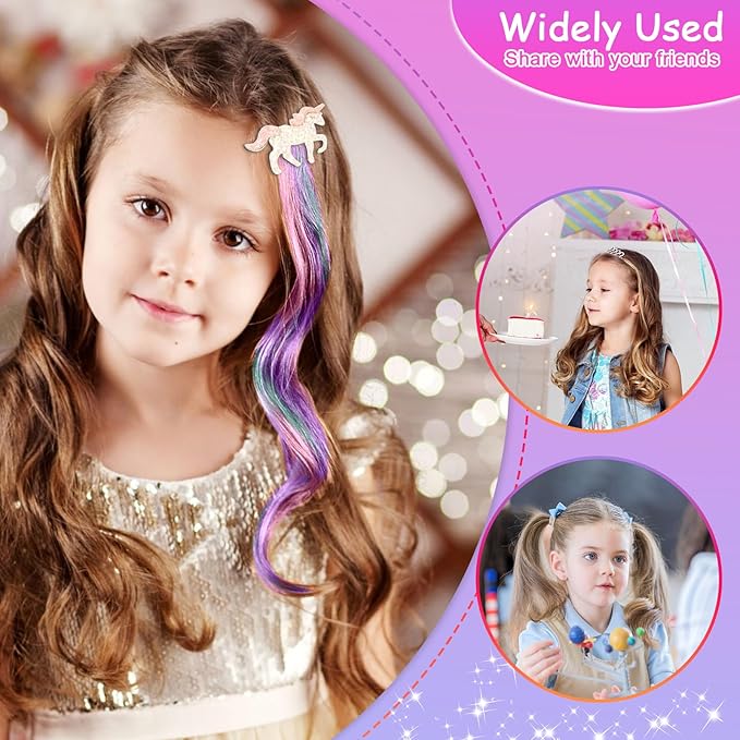 6 Pieces Unicorn Hair Clips for Girls, Bow Curly Rainbow Hair Extensions for Kids, Little Girl Hair Clips Accessories for Ponytails Princess Dress Up