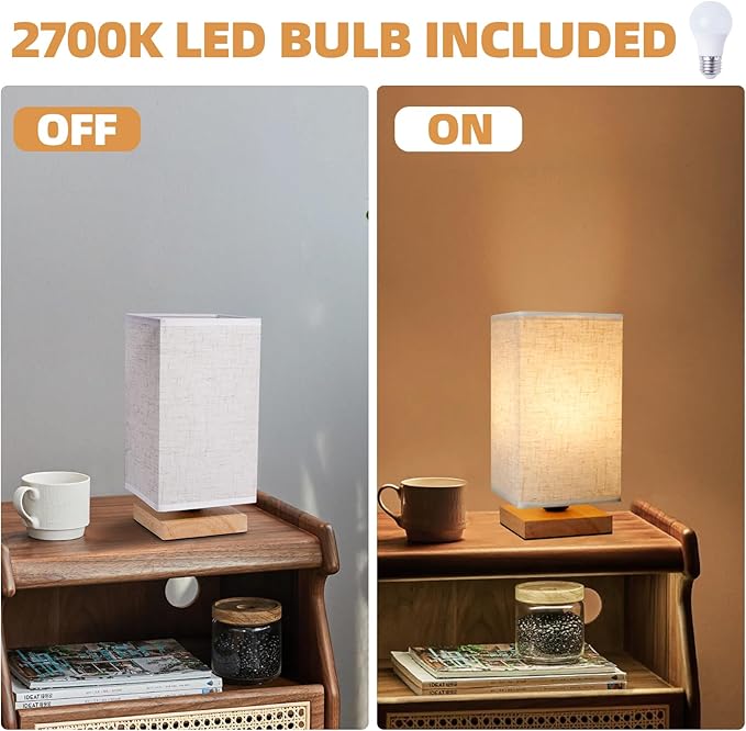 Small Square Bedside Table Lamp for Bedroom set of 2,Minimalist Wood Base & Round Fabric Shade,Mini Cute Cozy Warm Nightstand Boho Lamp, Study Desk Night Stand Light for Room,Dorm,Nursery,Living Room